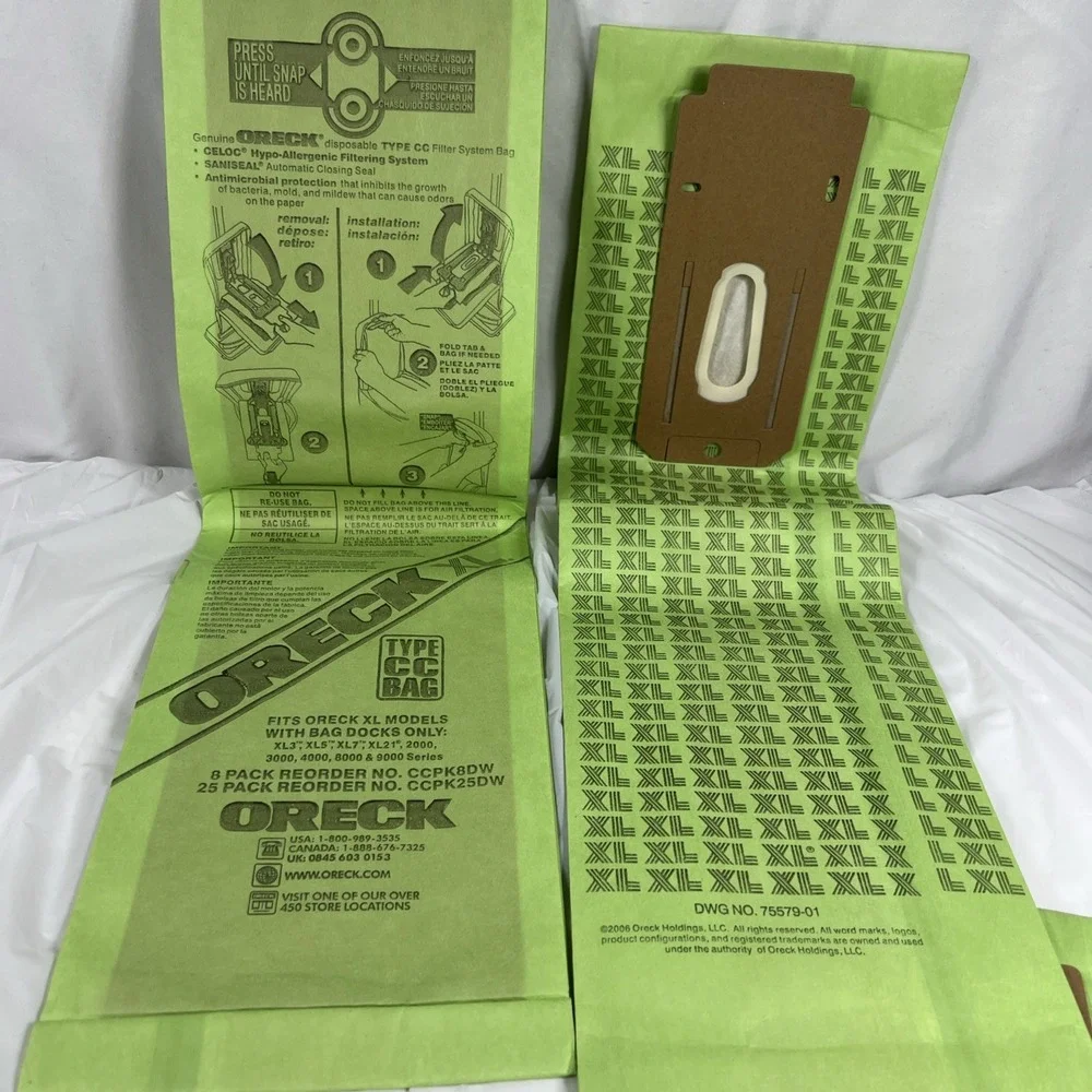 (3) Pack Oreck XL Type CC Hypo-Allergenic Vacuum Cleaner Bags ~ CCPK8DW Open Set